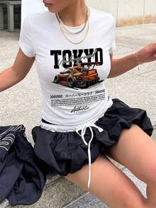 1 Stück Damen Sommer Figurbetontes T-Shirt mit Rundhalsausschnitt und Kurzarm, Grafik-Muster in japanischer Tuning-Autokultur, Y2K Crop Top, Jahrtausendstil Top geeignet für Strand, Straße, Alltag, Büro, Party, Ausflüge, Partyanlässe, Casual Weiß - Weiss - Übersicht 3