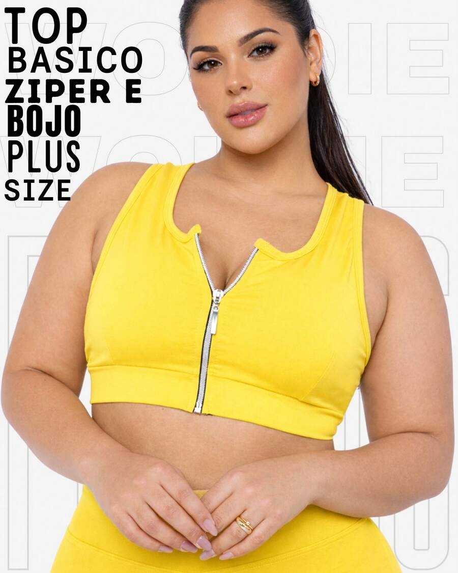 Top Fitness Plus Size Cropped Com Ziper E Bojo Removível  WOLFOX Em Suplex Poliéster Feminina