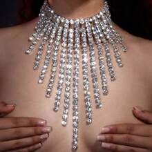 Dây chuyền tua rua đính đá, dây chuyền choker đính đá lấp lánh nhiều lớp, sang trọng và quyến rũ, đa năng. - trắng - Xem 1