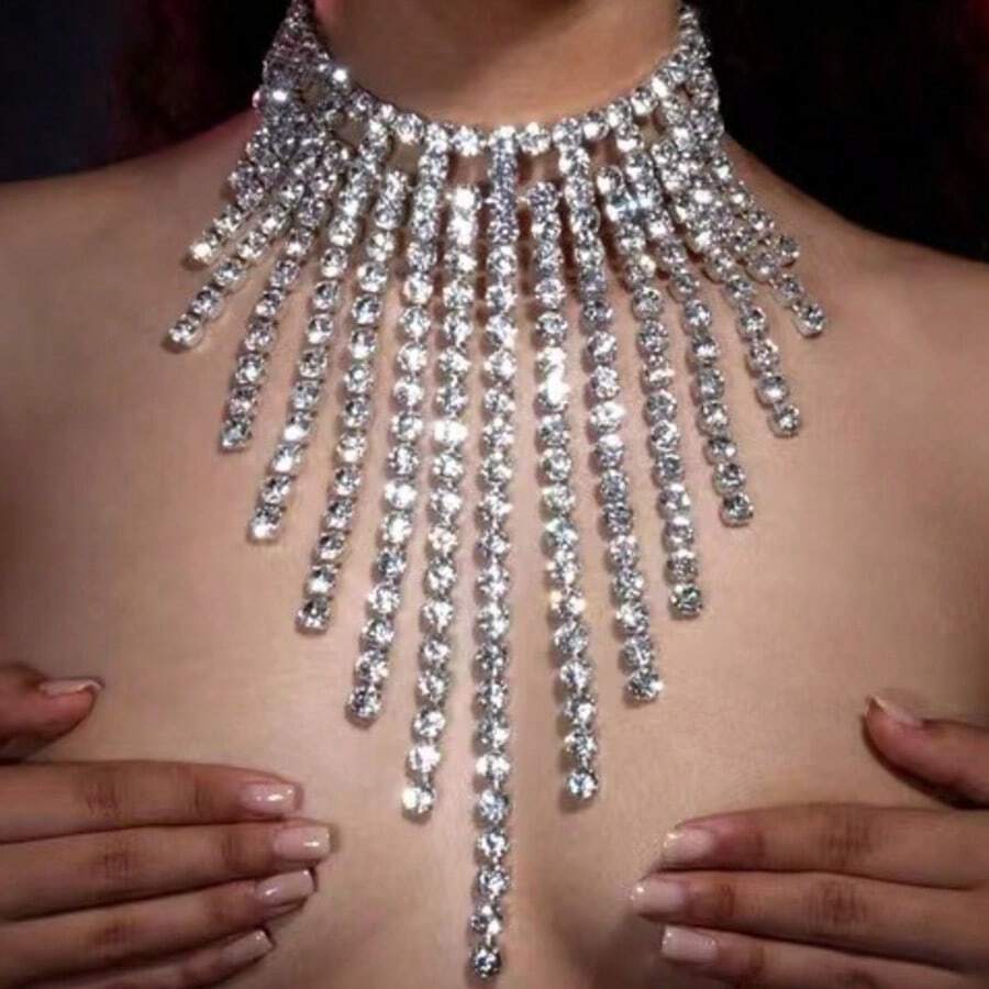 Dây chuyền tua rua đính đá, dây chuyền choker đính đá lấp lánh nhiều lớp, sang trọng và quyến rũ, đa năng. - trắng - Xem 1