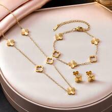 18K Gold Stainless Steel Handcrafted Floral Bracelet, Necklace And Earring Set, Suitable For Women's Party Wear - Multicolor - View 3