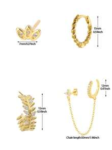 4件套精美24K镀金立方氧化锆耳环套装，女士锆石花朵耳钉套装，链条耳环叠戴 - 4pcs/set - 查看 7