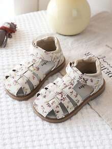 1 Pair Baby Girls' Floral Woven Sandals, Hook And Loop Design, Soft Sole Non-Slip Children Shoes - Beige - View 1