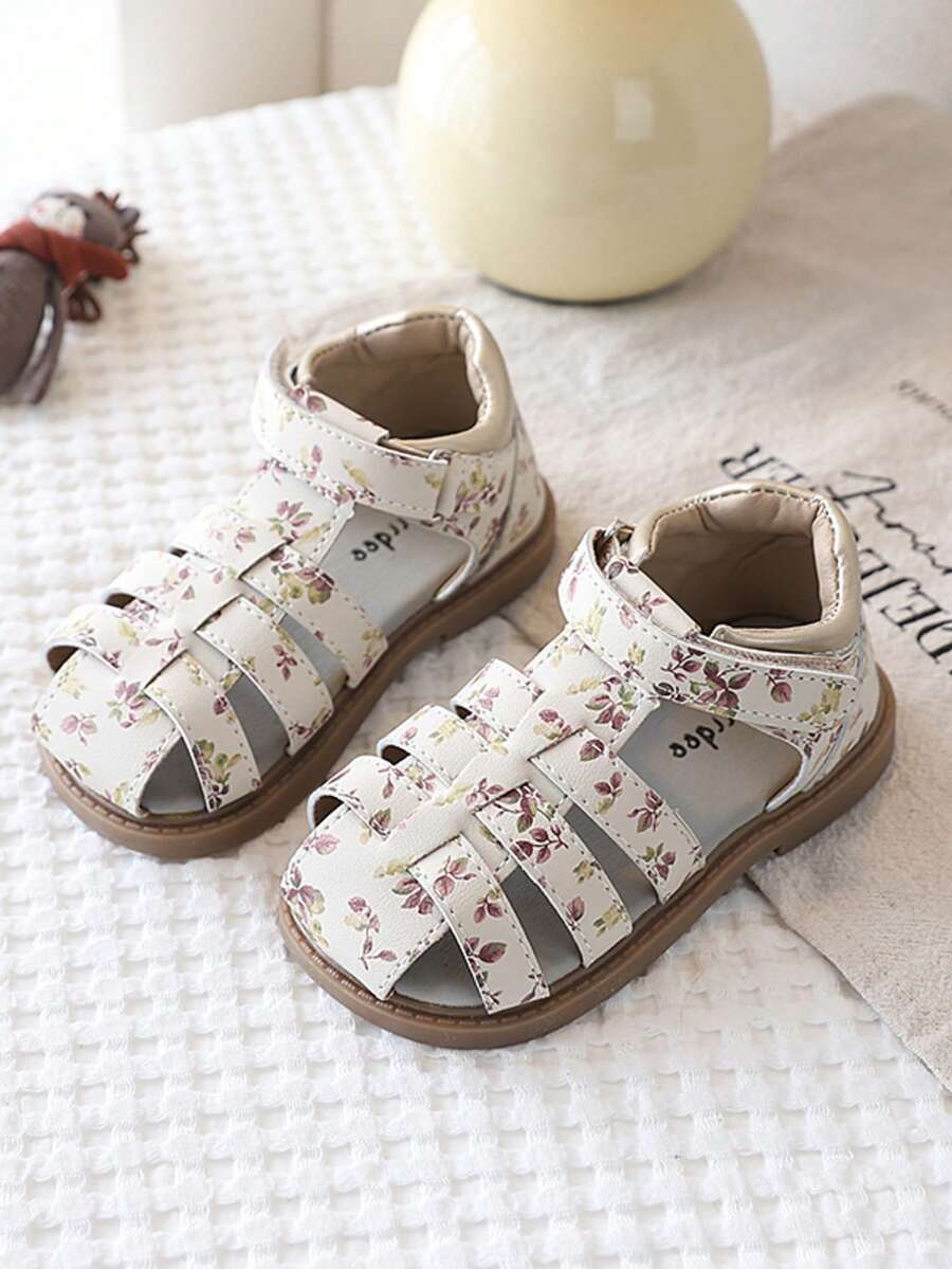 1 Pair Baby Girls' Floral Woven Sandals, Hook And Loop Design, Soft Sole Non-Slip Children Shoes - Beige - View 1
