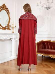 Vestido elegante bordado colorido tradicional para festivais, modelo 2026, JALABIA, com frente aberta e sem mangas, roupa com toque de sofisticação. - Vermelho - Ver 12