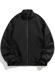 Men's Solid Black Minimalist Stand Collar Jacket, Functional For Commuting, Suitable For Travel And Daily Wear Sports - Black - View 3