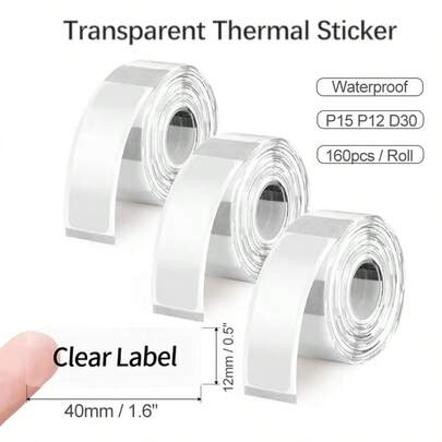 12x40mm transparentes Thermoetiketten-Rollenband, selbstklebend, wasserfest, bedruckbar, Namensaufkleber, Glas-Kabel-Sortier-Etikett für D30 P15
