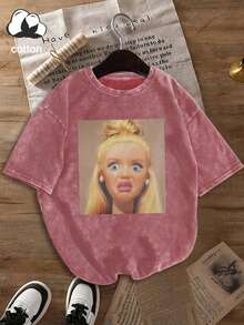 Plus Size Women Casual Surprised Doll Graphic Round Neck Short Sleeve T-Shirt, Suitable For Spring, Summer, Autumn, Vacation Wear - Hot Pink - View 3