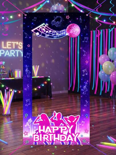 TYFYO 1Pc Music Birthday Photo Frame,Girls Group Birthday Photo Booth Prop With Light-Up Ball,Stars,And Microphone Design,Music Party Photo Booth Banner,Vinyl Backdrop,Dance Party Decoration Accessory,Happy Birthday Decorations,Birthday Gifts,Holiday Party Background Supplies