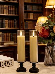 2 piezas Candelabros negros vintage de boca plana, 5 tamaños de luces electrónicas de llama falsa LED, decoración del hogar, festival y boda - Candelabro de tubo con forma de copa y borde plano - Ver 9