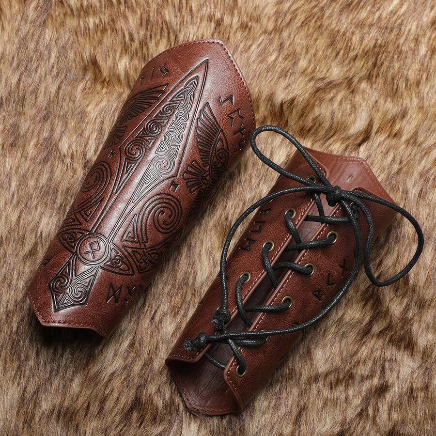 1pc Vintage Medieval Embossed Wrist Cuff - PU Leather, Geometric Pattern, Suitable For Halloween Cosplay And Stage Performance, Knight, Accessory - A - View 1