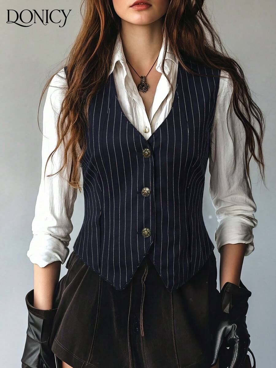 Áo vest nữ kẻ sọc xanh navy mùa xuân hè mới về - Kiểu dáng lãng mạn cho ngày Valentine và lễ hội Carnival - Áo vest cổ chữ V cài nút thanh lịch, thích hợp cho công sở, bữa tối Valentine và tiệc Carnival. - Xanh đậm - Xem 1