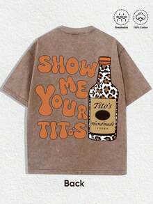 1 PCS Small Tito's Vodka Bottle Graphic (Leopard - Print), Back "SHOW ME YOUR TITOS" Lettering (Retro - Style Font) & Large Tito's Vodka Bottle Graphic (Leopard - Print), 100% Cotton Breathable Apparel Suitable For Men, Women, Vodka Enthusiasts, Streetwear Lovers, Edgy Fashion Aficionados, Party - Goers, Perfect For Casual Daily Wear, Street Style Outings, Parties, Hangouts With Friends, Music Festivals & Urban Fashion Occasions - 咖啡棕 - 查看 3