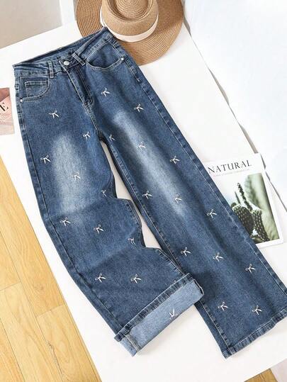ALO FASHION Pantalones vaqueros casuales de mujer, de mezclilla lavada, de pierna ancha, con adorable bordado de lazo y tejido muy elástico.