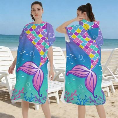 1件火烈鸟棕榈树印花连帽斗篷，可穿沙滩巾，超柔软纤维换衣袍，适合冲浪、游泳、沐浴、户外运动，成人连帽浴巾斗篷