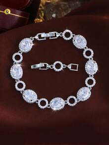 1pc Silver Plated White, Pink, Blue, Green Oval Cubic Zirconia Round Link Chain Tennis Bracelet, Women's CZ Crystal Geometric Bridal Jewelry For Wedding, Engagement, Banquet, Party, Prom, Brides, Bridesmaids, Ladies Gift - 1pcs Bracelet - View 8