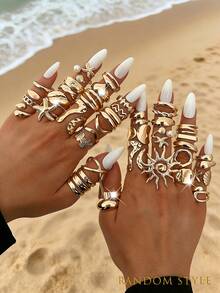 20/14/6 chiếc nhẫn kim loại rỗng kiểu Bohemian cổ điển thanh lịch dành cho nữ, hình sao biển, hoa hướng dương, trái tim, giọt nước, ngọc trai, thích hợp đeo hàng ngày, dự tiệc, đi biển, hẹn hò, làm quà tặng ngày lễ (Giao hàng ngẫu nhiên) - Vàng - Xem 8