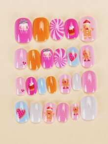 24pcs Square Pressed Nail Stickers For Children, Macaron Color Scheme, Square Design Less Prone To Snagging, Adhesive-Free Easy To Wear, Includes Gingerbread Man, Cake, Lollipop And Other Cute Patterns, Full Of Childlike Charm, Suitable For Daily Life, Christmas And Parties, Bringing Adorable Experience For Kids - Multicolor - View 3
