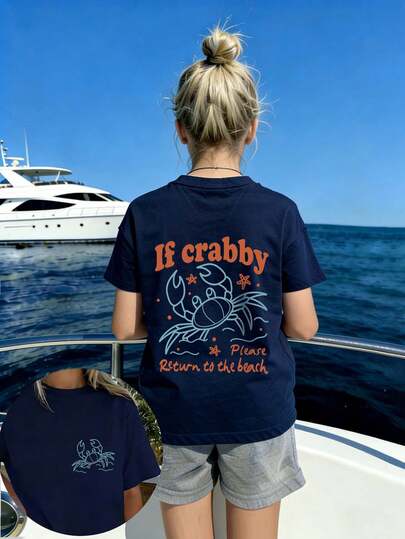 Tween Girl Crab & "If Crabby Please Return To The Beach" Print Soft & Comfortable T-Shirt, Suitable For Girls Travel, Vacation, Outdoor Sports, Daily Wear, Casual Travel, Best Choice For Fashionable Girls In Spring And Summer