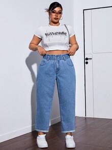 Light Blue Washed Floral Waist Jeans, Women's High Waist Elastic Cuffed Cropped Denim Pants Casual Spring - Light Wash - View 5