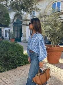 Casual Women's Red Gingham Check Blouse With Notched Neck And Voluminous Bishop Sleeves Vacation Spring - Blue - View 5