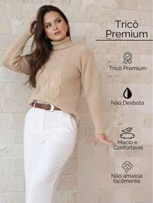 Cold Temperature High Neck Blouse Knitting Wool Sweater Puff Sleeve Winter Fashion - 沙 - 查看 3