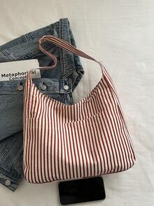Large Capacity Women's Cloth Bag, Shoulder Bag, Casual Versatile Striped Tote - Red and White - View 3
