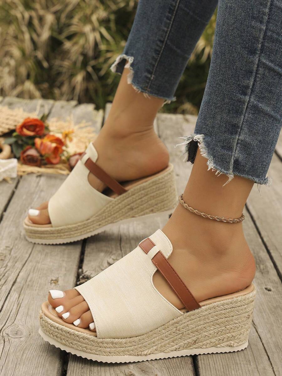 Women's Straw Wedge Rope Open Toe Slippers, Thick Sole Elevated Summer Outdoor Sandals - Beige - View 1
