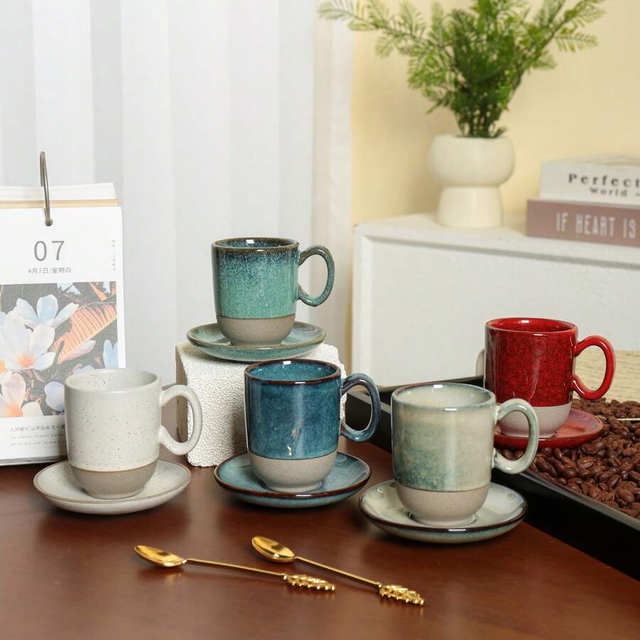 Bộ 5 tách và đĩa cà phê gốm sứ thủ công tráng men rạn, phong cách nghệ thuật cổ điển, thích hợp dùng cho espresso, trà, gia đình hoặc làm quà tặng. - Nhiều màu - Xem 1