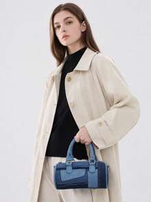 Y2K Patchwork Denim Barrel Bag Women's Frayed Raw Hem Cylinder Purse Retro Streetwear Top Handle Casual Crossbody Handbag Festival - Màu xanh lam - Xem 4