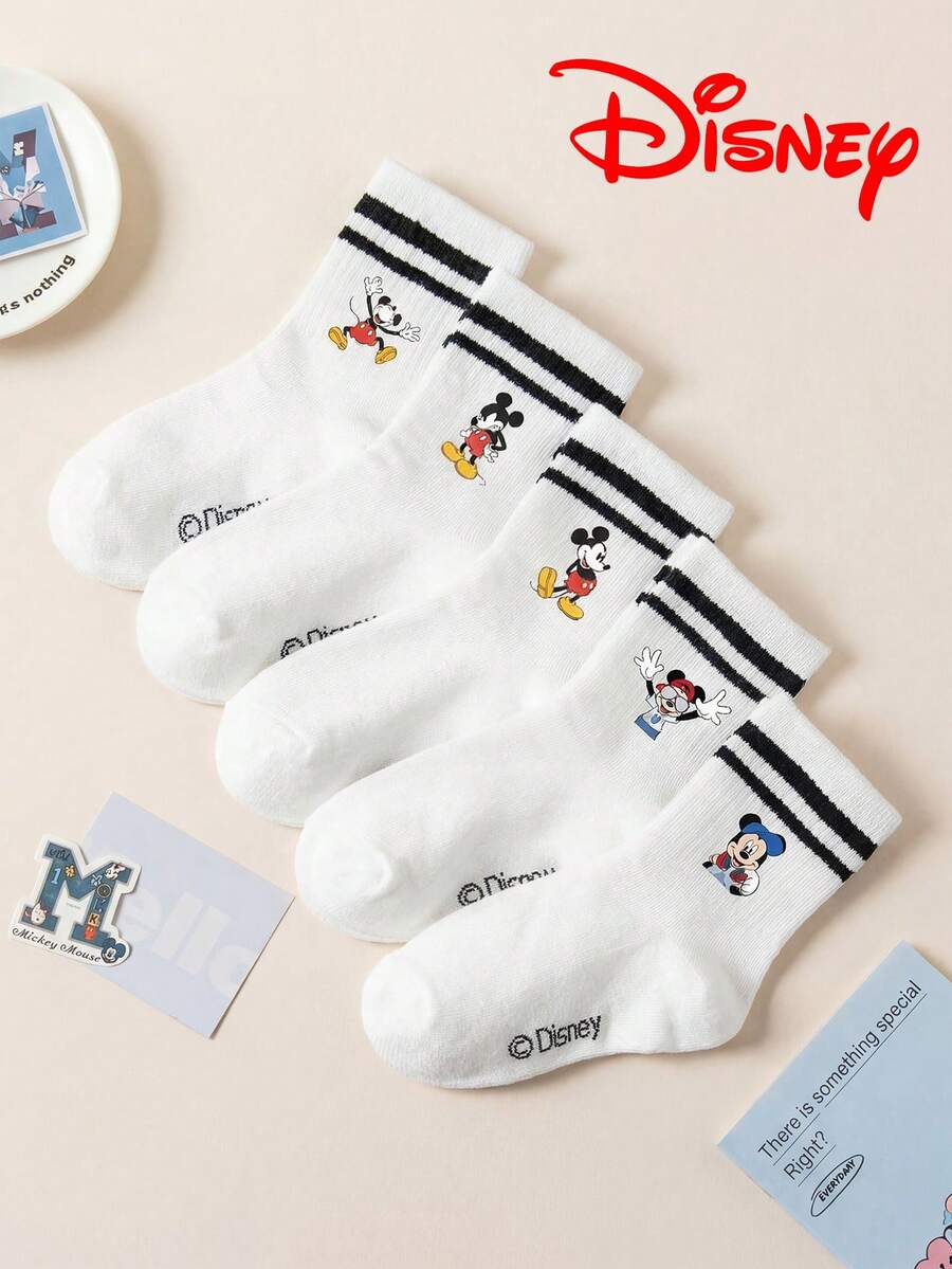 5 đôi tất trẻ em họa tiết chuột Mickey, tất thể thao sọc đôi, thiết kế hoạt hình dễ thương, tất học sinh thời trang thoáng khí, phù hợp cho mặc hàng ngày, đi học, quà tặng ngày lễ, tất Disney - Nhiều màu - Xem 1