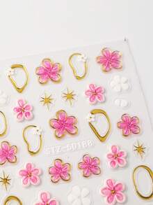 2 pièces Autocollants d'art pour ongles 5D gaufrés et dorés avec motif de fleurs de cerisier de style français. Fleurs tropicales et pétales pour la décoration des ongles et la manucure - Multicolore - Voir 4