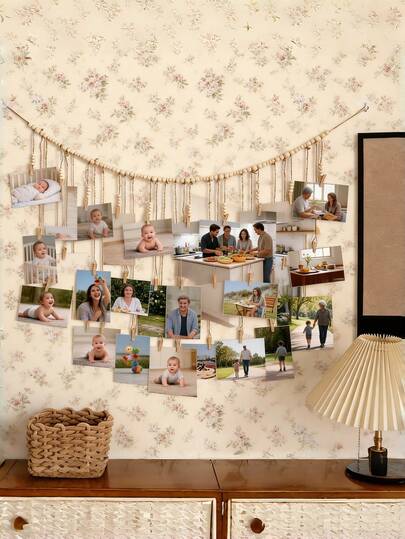 20pcs Photo Hanging Wall Display With Wooden Beads & Ropes, Clip Photo Wall, No Drill, Creative Decor For Kids Room, Nursery, Showcase Growth Photos & Family Memories