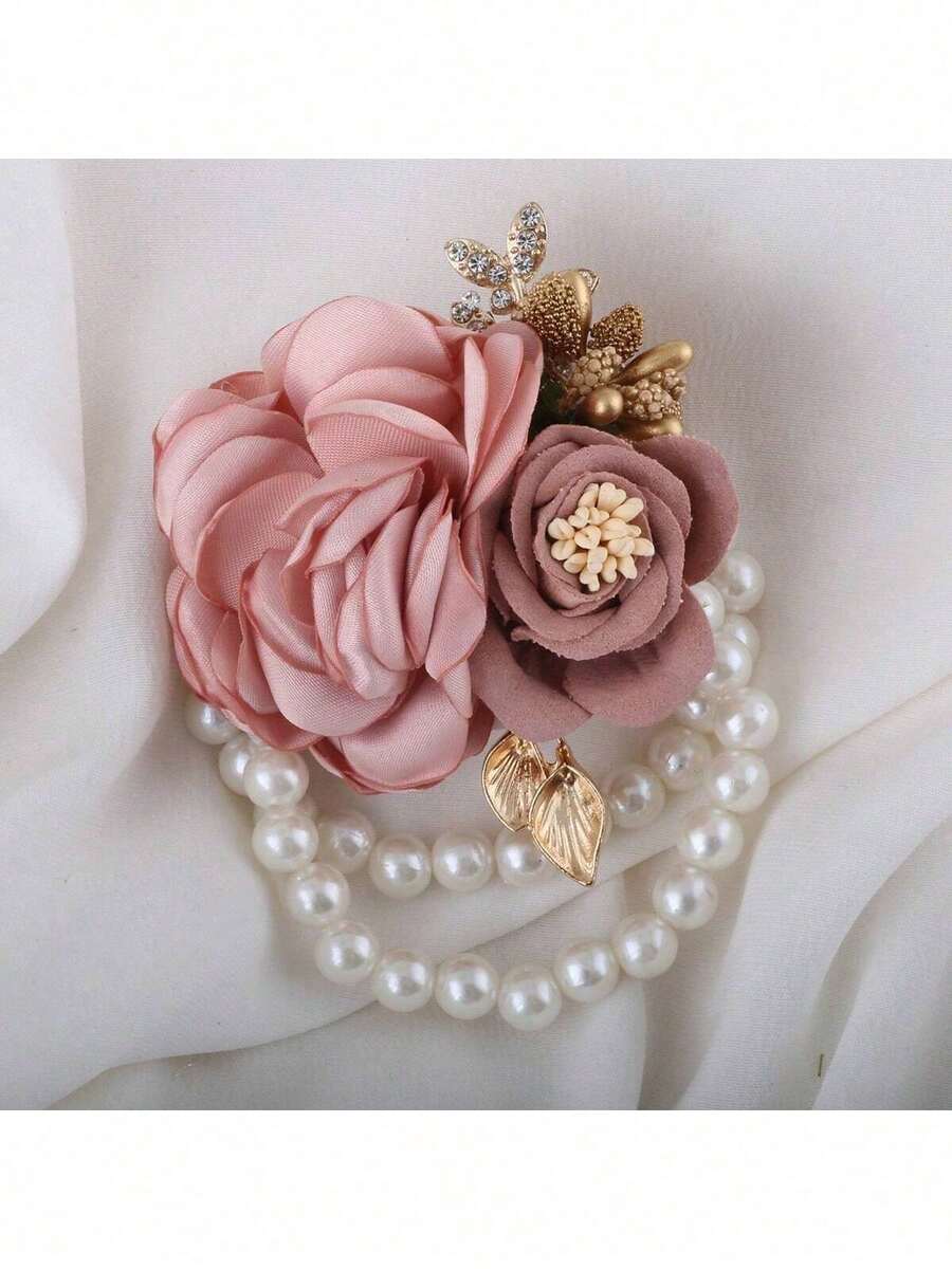 1 chiếc vòng tay hoa cài cổ tay cô dâu, vòng tay ngọc trai giả, phụ kiện cưới cho phù dâu, mùa hè, đi biển. - Hồng - Xem 1