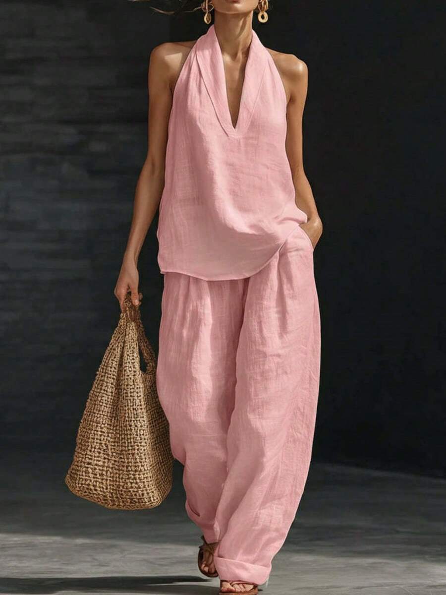 Women's Halter V Neck Sleeveless Two Piece Set 2026 Spring Summer Solid Color Casual Matching Outfits Soft Comfortable Wide Leg Pants Lounge Co Ord Y2K Streetwear Vacation Going Out Daily Wear Juniors - 粉色 - 查看 1