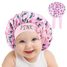 Customized Text Logo Baby Satin Sleep Cap/Bath Cap, Cute Cartoon Fruit Print, Children's Elastic Wide-Brim Round Hat, Soft & Stretchy Hair Protection, Suitable For Boys & Girls, Birthday & Daily Wear, Perfect For Sleeping, Hair Care, Bathing, Birthday Outfit, Photo Props, Home Wear - Multicolor - View 6