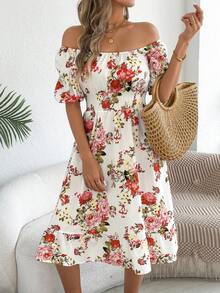 Summer Retro Floral Square Neck Dress, French Petal Sleeve Ruffle Hem A-Line Mid-Length Cinched Waist Vacation Dress Elegant White - White - View 4