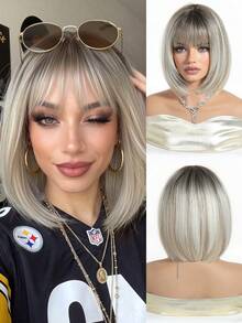 12英寸酒红色波波头假发，带刘海，女士直发合成纤维假发，耐热，适合日常、派对、角色扮演，高品质耐热纤维，酒红色经典波波头造型，逼真发际线，舒适贴合刘海假发，短直发合成纤维假发，自然逼真，耐热假发，女士日常、派对、角色扮演假发，酒红色合成纤维假发 - 挑染米色 - 查看 2