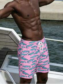 男士休闲鳄鱼纹沙滩短裤，度假风 - 彩色 - 查看 2