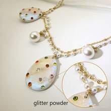 1pc Iridescent Shiny Water Drop Shaped Resin Necklace, Inlaid Colorful Rhinestones & Faux Pearl, Delicate Double-Layer Necklace Suitable For Summer Beach Vacation Casual Outfit Accessory - Double Chain - View 8