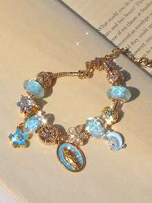 1pc Religious Virgin Mary Charm Bracelet, 1pc Religious Crescent Moon Bracelet, 1pc Fashionable Blue Sakura Bracelet, 1pc Fashionable Heart Tree Of Life Bracelet - Pink - 查看 7