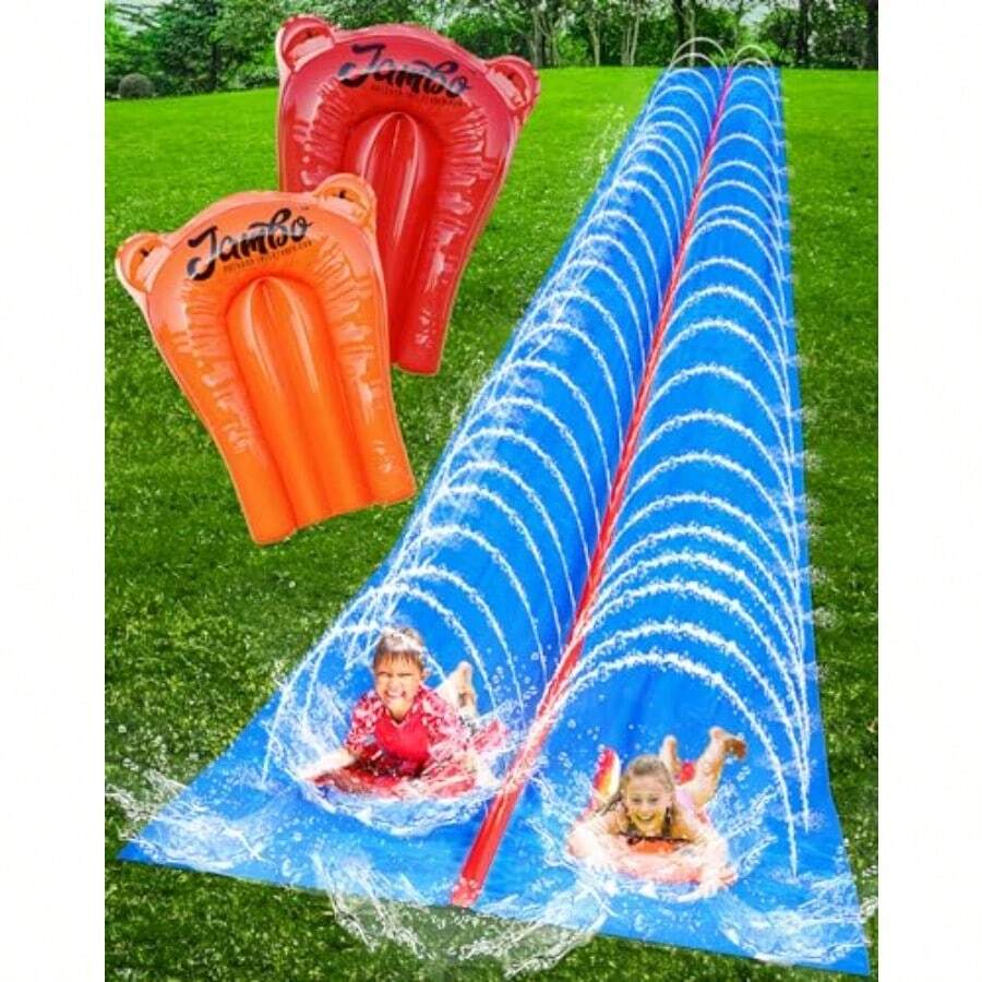 JAMBO Mega Slip Splash y Slide de 40 pies con 2 Bodyboards Tobogán acuático para patio trasero y exteriores juguetes de agua para niños con aspersores Almohadilla de salpicaduras al aire última - Doble carril 40 pies - Ver 1