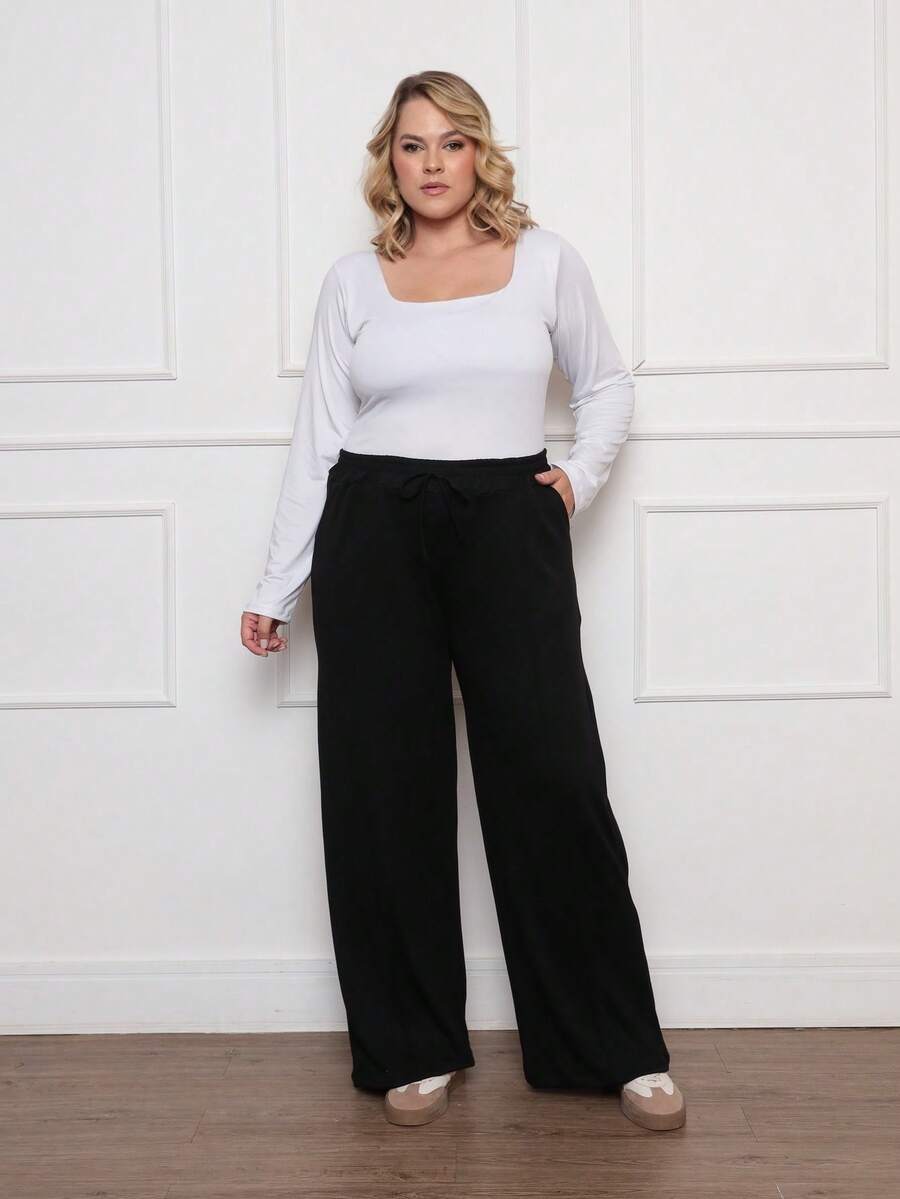 Plus Size Wide-Leg Pants By Lanzinha For Women - Autumn/Winter Fashion - Black - View 1