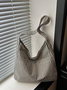 Large Capacity Women's Cloth Bag, Shoulder Bag, Casual Versatile Striped Tote - Black and White - View 6