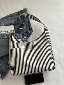 Large Capacity Women's Cloth Bag, Shoulder Bag, Casual Versatile Striped Tote - Black and White - View 3