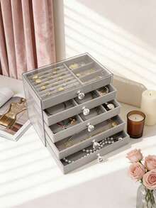 1 Stück 6/5/3 Schichten Schmuckkasten mit Schubladen, Halskette Ohrringe Ring Schmuckaufbewahrungsbox, Geschenk für Frauen und Mädchen, großer Kapazität tragbarer Schmuckorganizer, Badezimmer Aufbewahrungsbox, Schreibtisch Schubladenorganizer, stapelbarer Schmuckkasten, Schubladenschmuckkasten, Ring Ohrringe Organizer, Samt Schmuckkasten - Schmuckschatulle aus Acryl - Übersicht 13