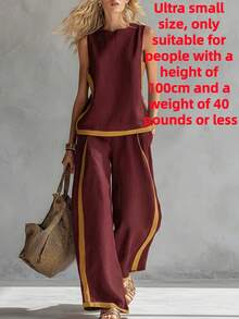 Women's Spring And Summer New Sleeveless Contrasting Vest Wide Leg Pants Two-Piece Set, Fashionable Commuting Set - Burgundy - View 8