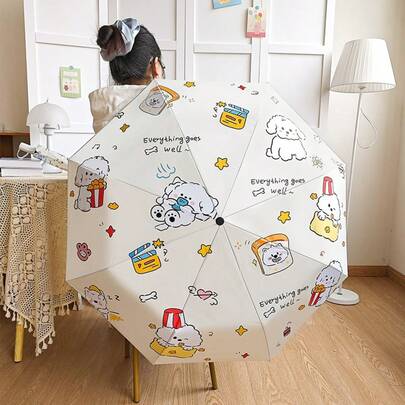 1 styck automatiskt hopfällbart valpparaply, sött tecknat paraply, UV-skydd för kvinnor