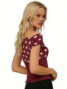 Women's Y2K Aesthetic Off Shoulder Tops Summer Mesh Dot Print Shirred Tops Slim Fit Shirts Streetwear - 紅色 - 查看 3