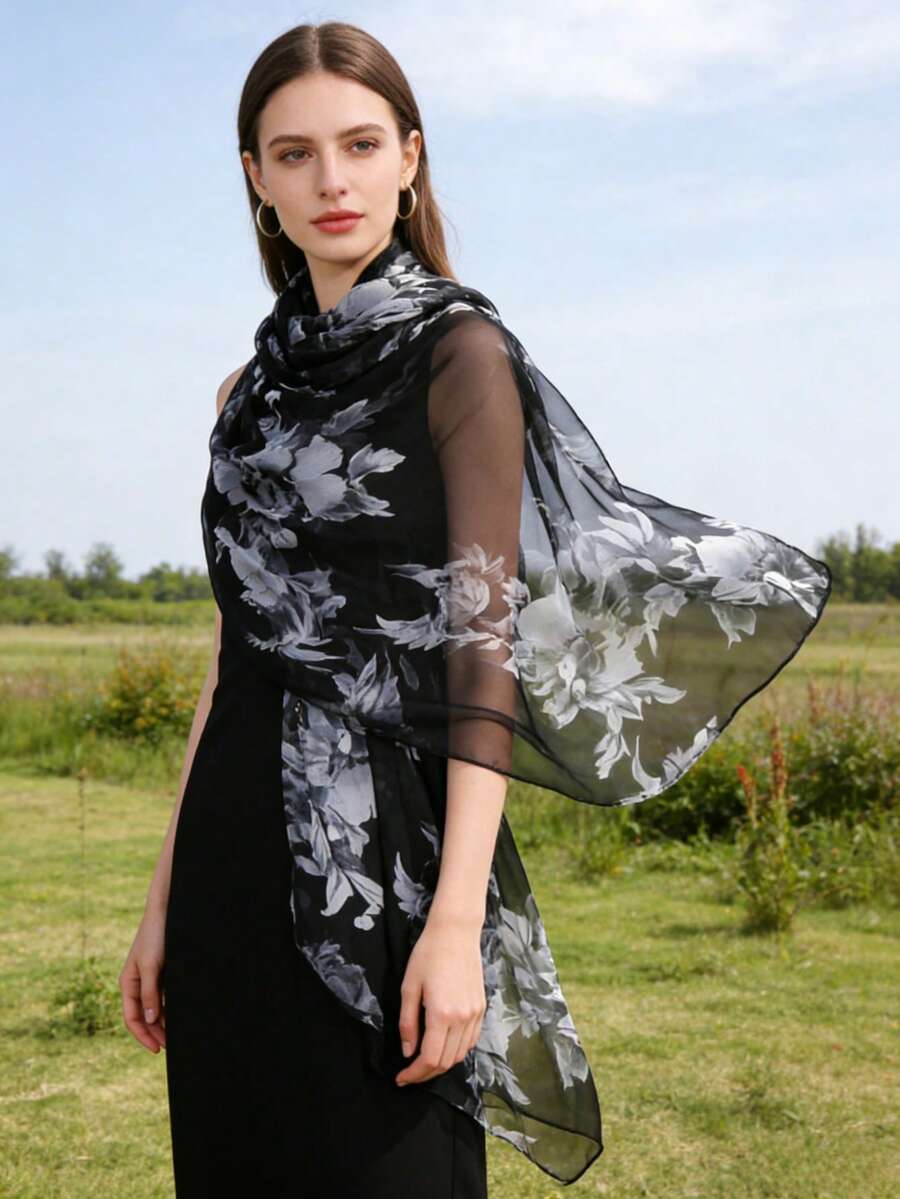 1 pièce Étole/Paréo floral à l'encre, printemps/été, polyvalent pour le trajet, la protection solaire, les vêtements extérieurs, convient pour toutes les saisons, cadeau élégant, indispensable pour les voyages, vacances - Multicolore - Voir 1